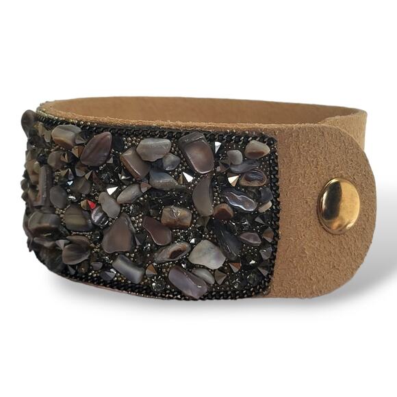 New Tan Suede Leather Tumbled Stone and Hematite Bracelet 7" - Picture 3 of 8